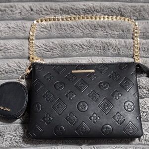 ALDO Black Embossed Crossbody Bag with Gold Chunky Chain & Wide Strap